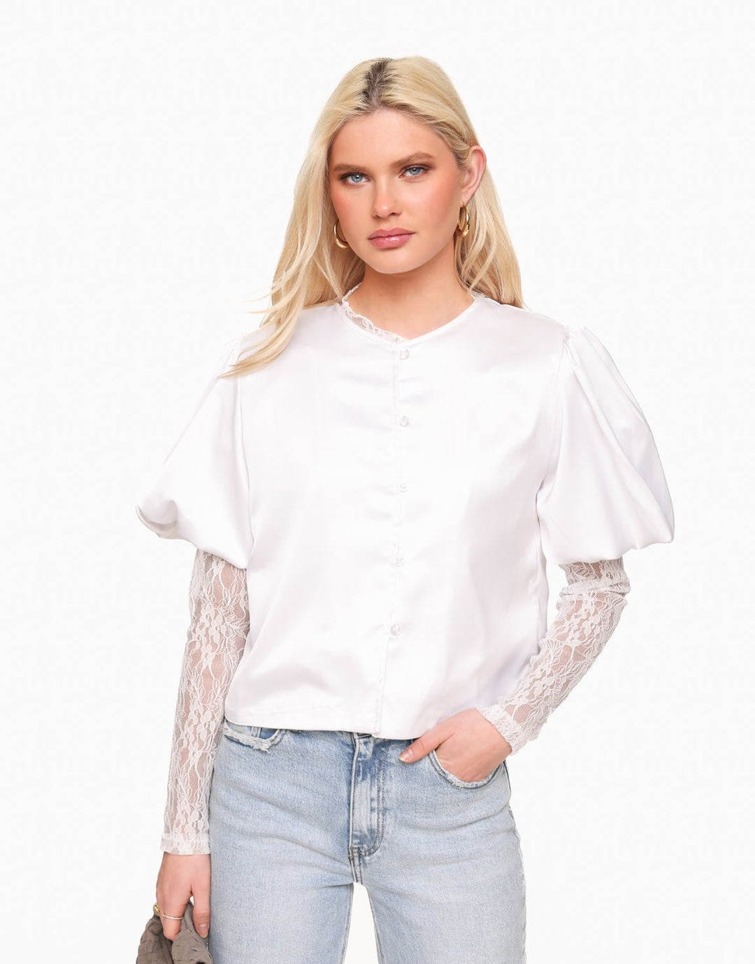 White Satin Puff Sleeves - Top