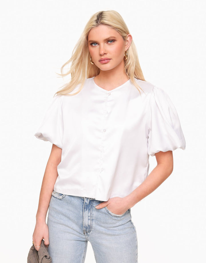 White Satin Puff Sleeves - Top