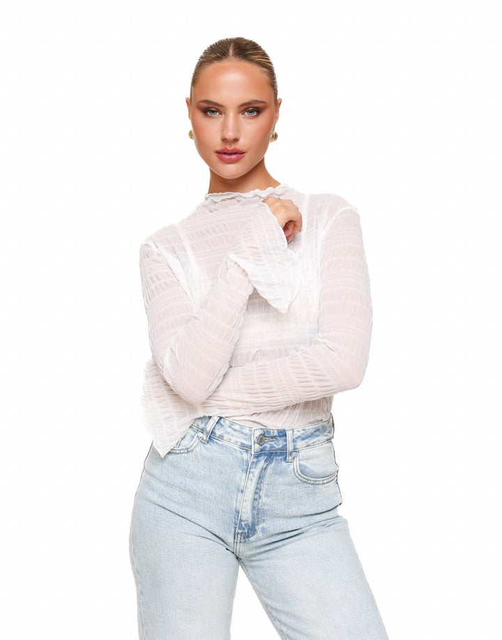 White Textured High Neck - Top
