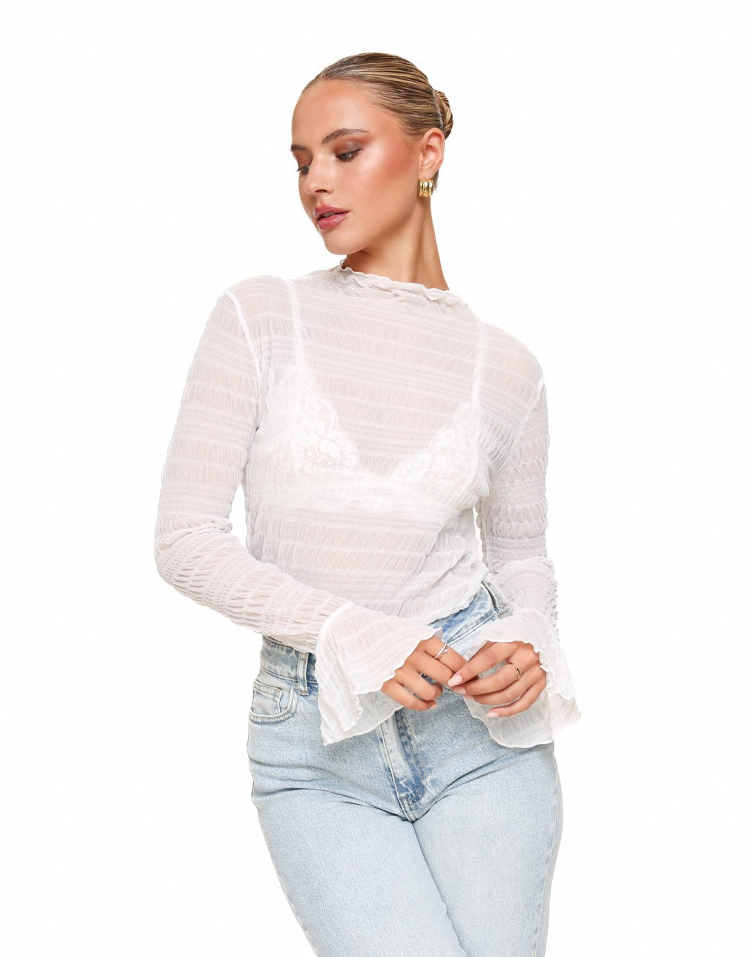 White Textured High Neck - Top