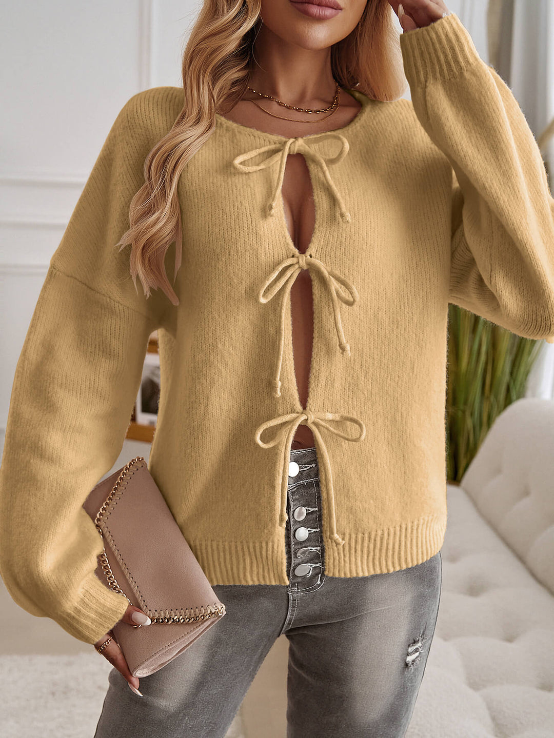Yellow Midnight Muse Tie-Front Cardigan
