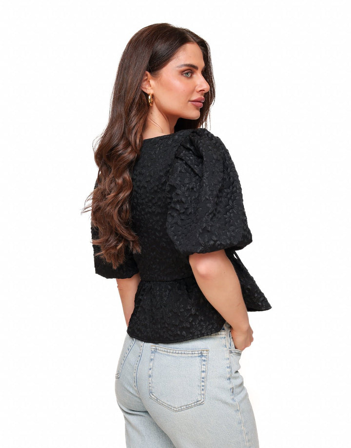 Black Floral Bows Puff Sleeves SS - Top