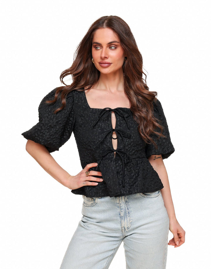 Black Floral Bows Puff Sleeves SS - Top