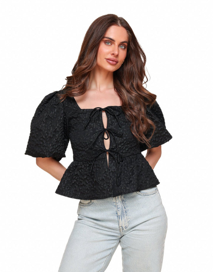 Black Floral Bows Puff Sleeves SS - Top