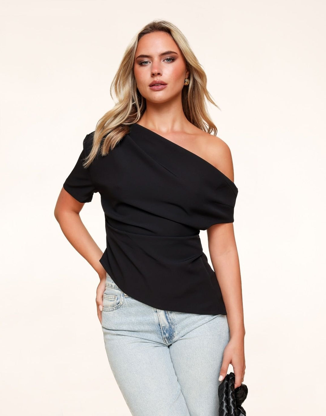 Black Draped Off Shoulder  SS - Top