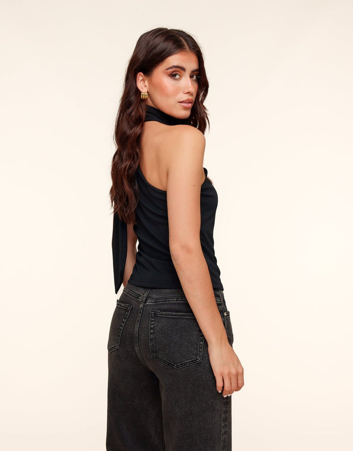 Black One Shoulder Scarf Detail - Top