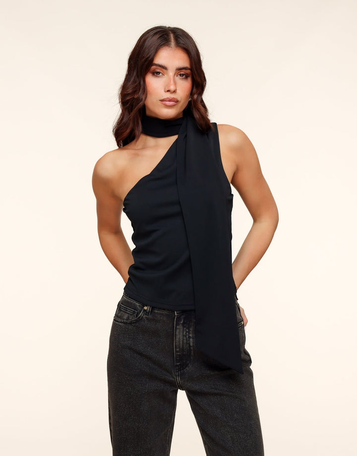 Black One Shoulder Scarf Detail - Top