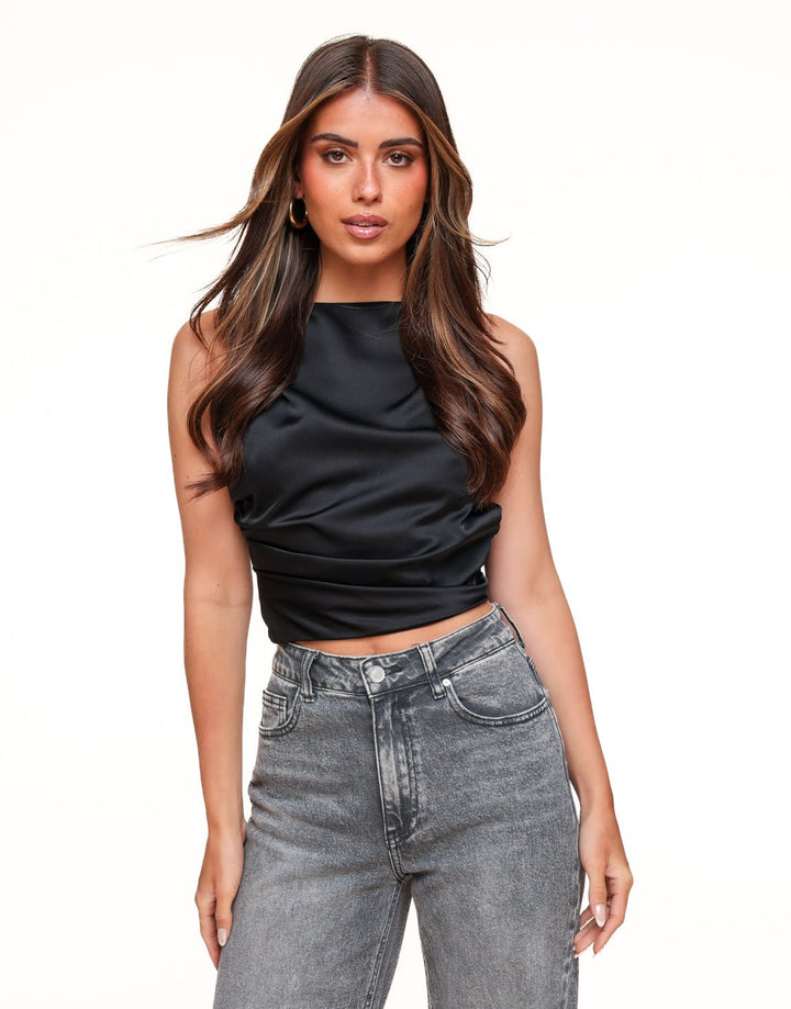 Black Satin Open Back - Top