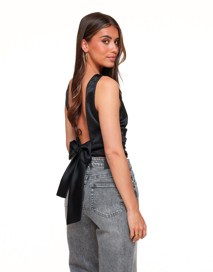 Black Satin Open Back - Top