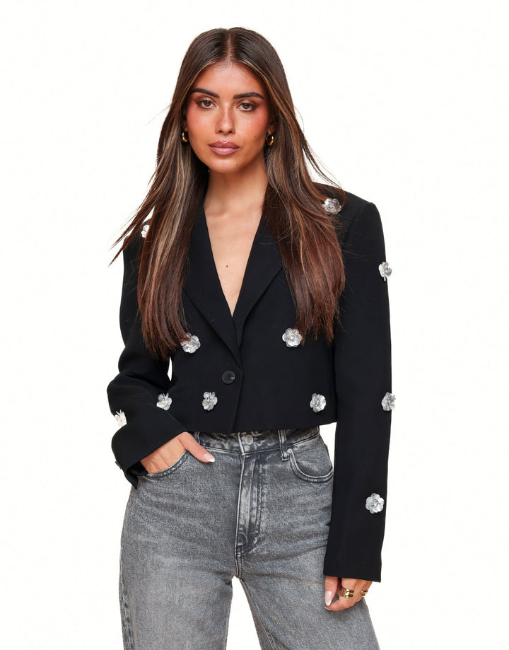 Black Statement Flower Cropped - Blazer