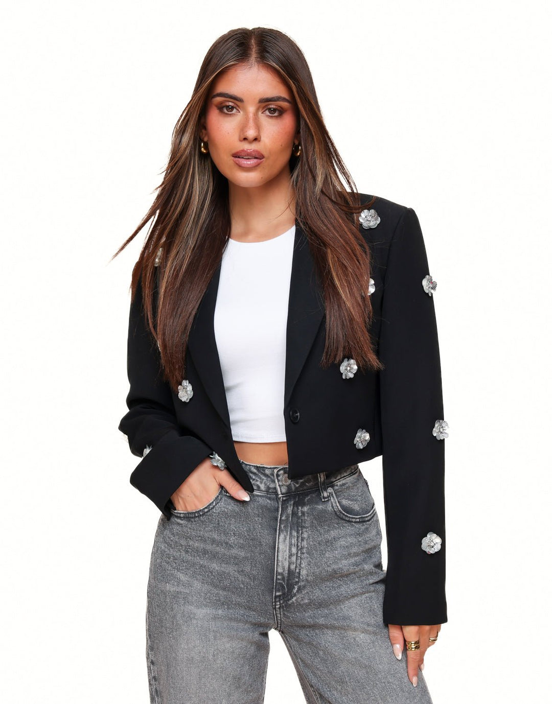 Black Statement Flower Cropped - Blazer