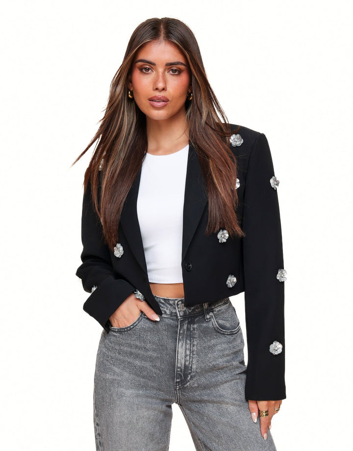 Black Statement Flower Cropped - Blazer