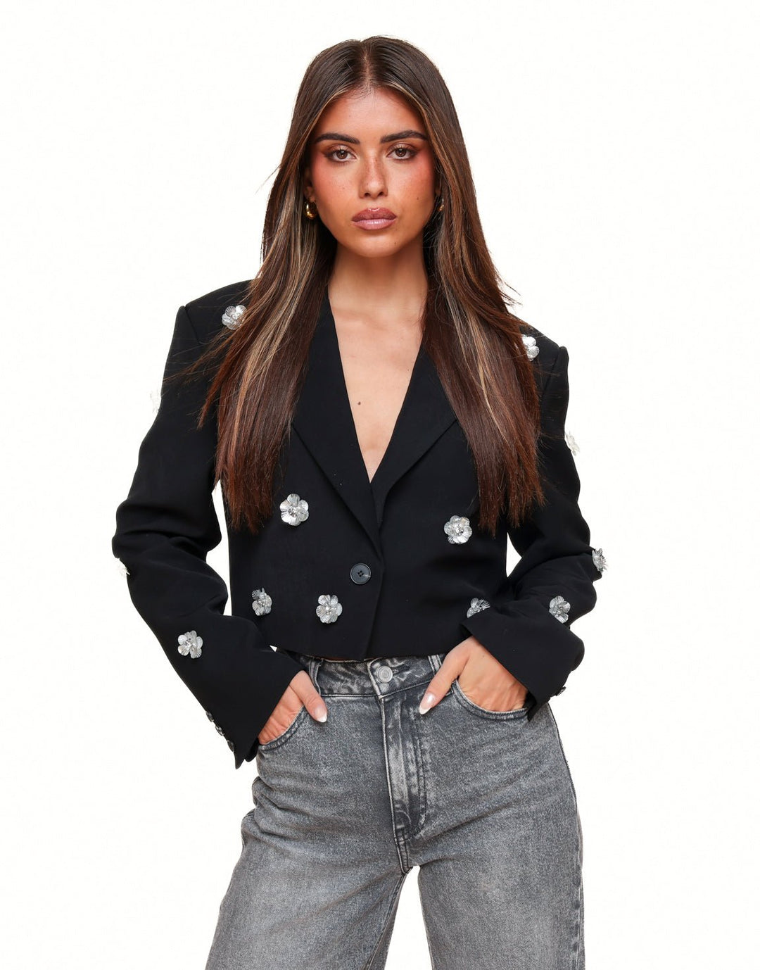 Black Statement Flower Cropped - Blazer